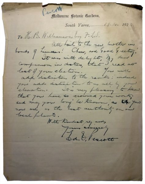 Letter from EE Pescott to Williamson