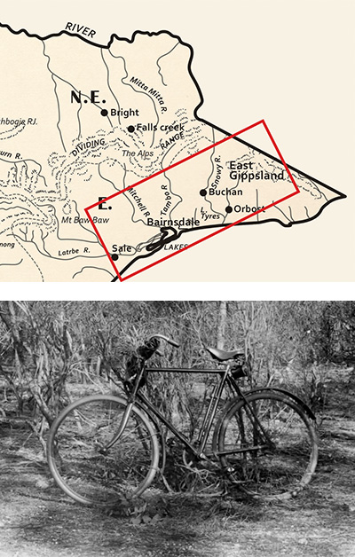 Map of East Gippsland region of Victoria and H.B.'s trusty bike.