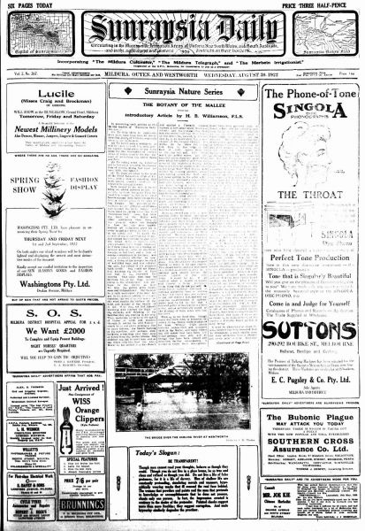 Williamson’s “Introductory Article” about the majestic Mallee published in The Sunraysia Daily on 30 August 1922. Source: National Library of Australia (Trove).
