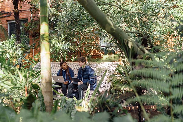 Two students sitting on bench in garden studying